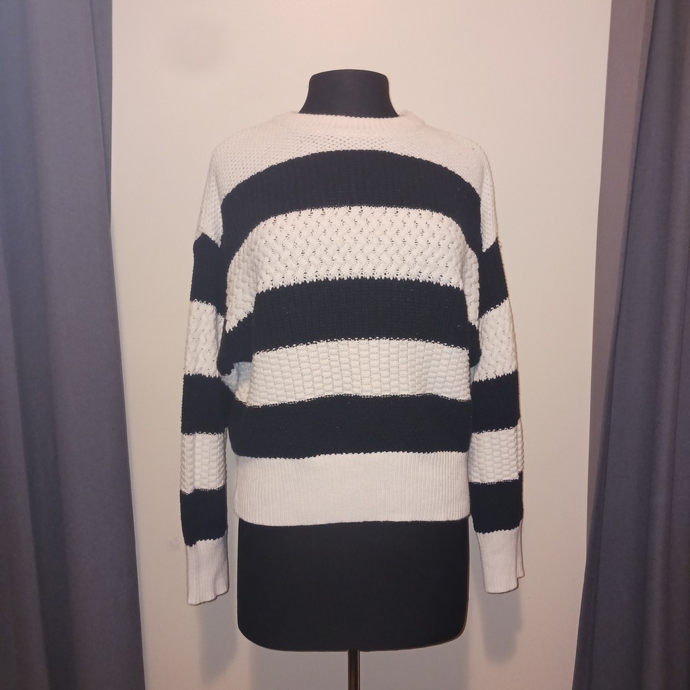 A New Day Preppy Fisherman Nautical Black White Striped Chunky Texture Sweater M